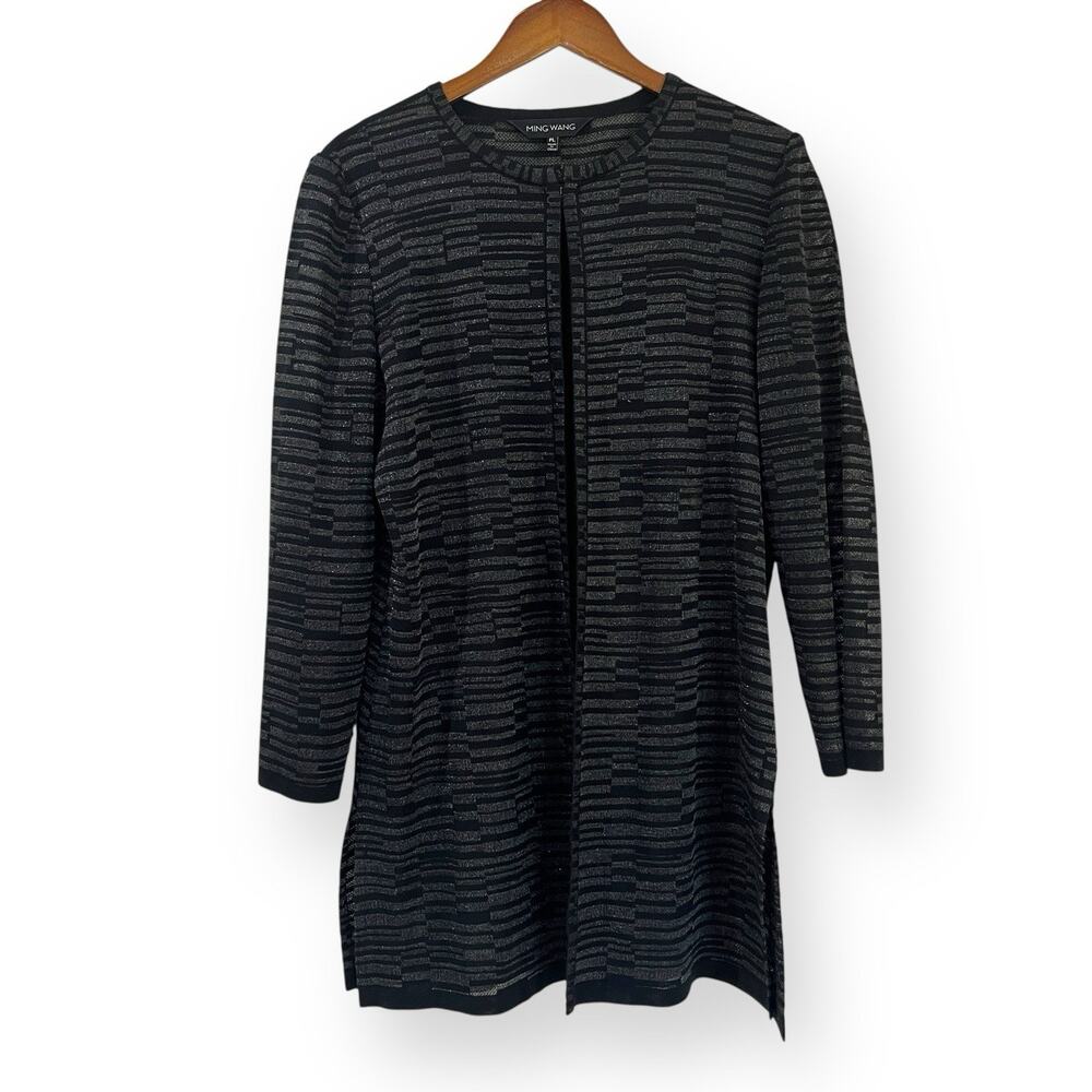 Ming Wang Black Metallic Long Cardigan Petite Large PL Single Clasp Wrinkle-Free